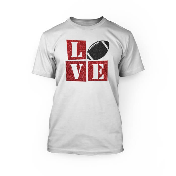 "red and black glitter love football design on the front of a white crew neck unisex t-shirt"