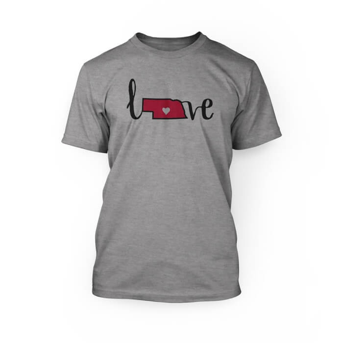 "black and read love with nebraska state shape on the front of an athletic heather crew neck unisex t-shirt"