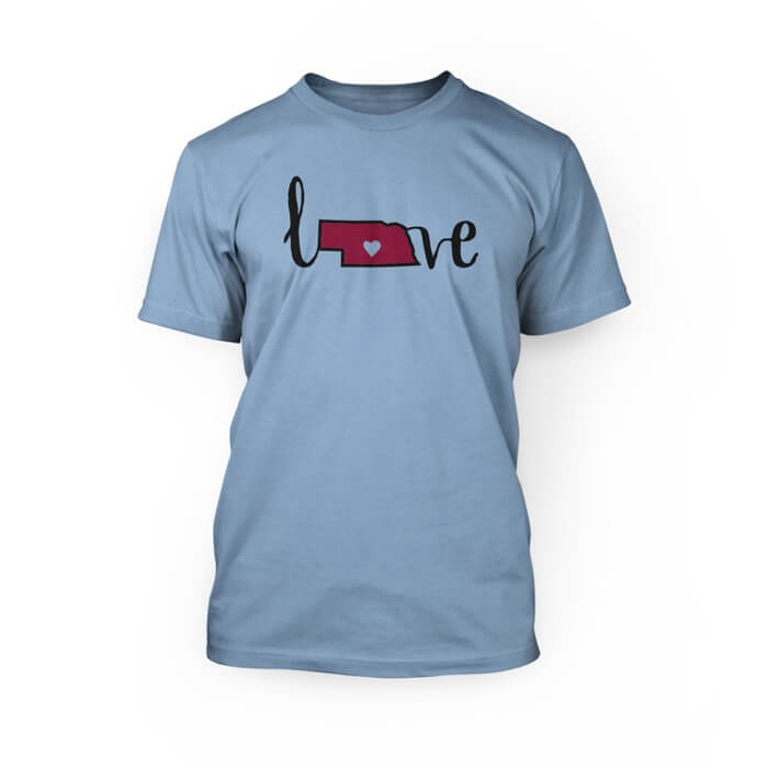 "black and read love with nebraska state shape on the front of an ocean blue crew neck unisex t-shirt"