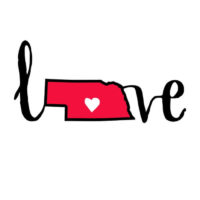 "black and read love with nebraska state shape on the front of a white image"