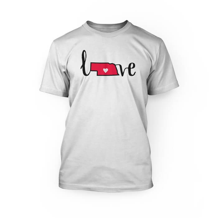 "black and read love with nebraska state shape on the front of a white crew neck unisex t-shirt"