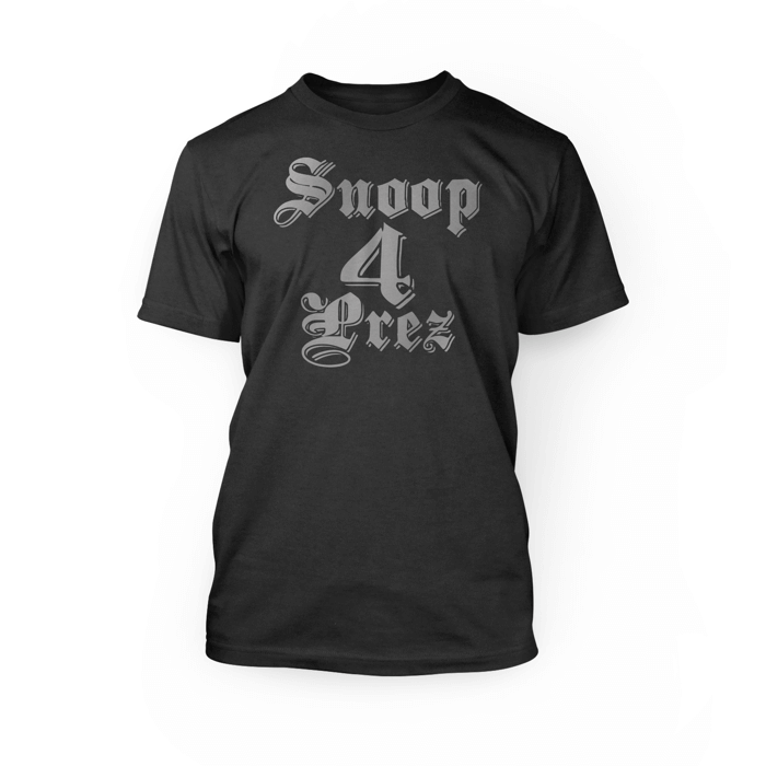 "silver snoop 4 prez design on the front of a dark grey heather crew neck unisex t-shirt"