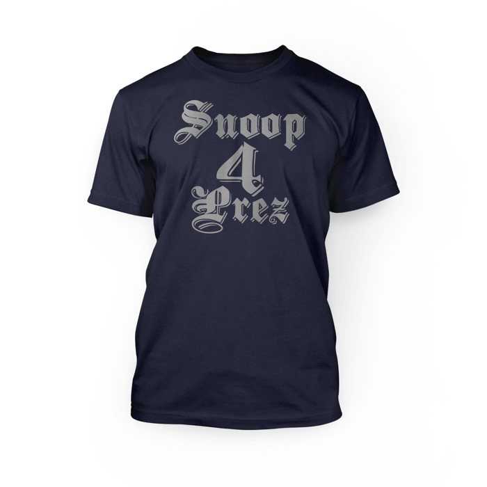 "silver snoop 4 prez design on the front of a navy crew neck unisex t-shirt"