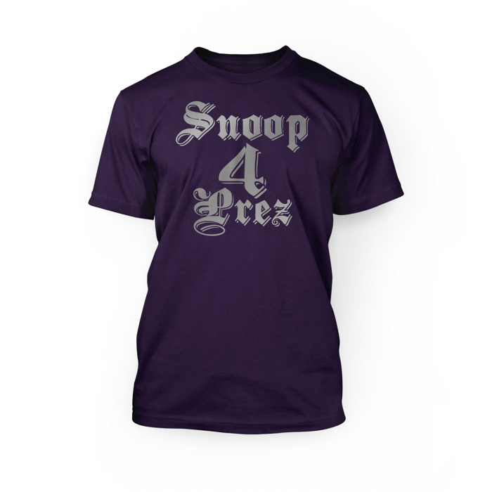 "silver snoop 4 prez design on the front of a team purple crew neck unisex t-shirt"