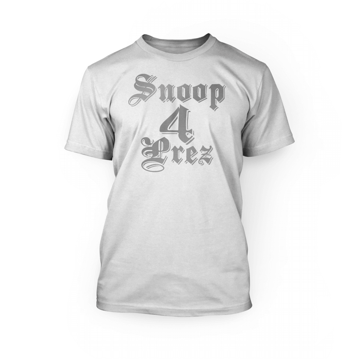 "silver snoop 4 prez design on the front of a white crew neck unisex t-shirt"