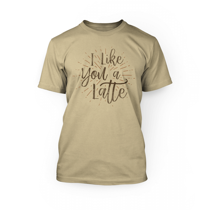 "i like you a latte design on the front of a soft cream crew neck unisex t-shirt"