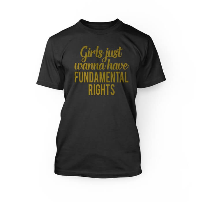 "gold girls just wanna have fun-damental rights design on the front of a dark grey heather crew neck unisex shirt"