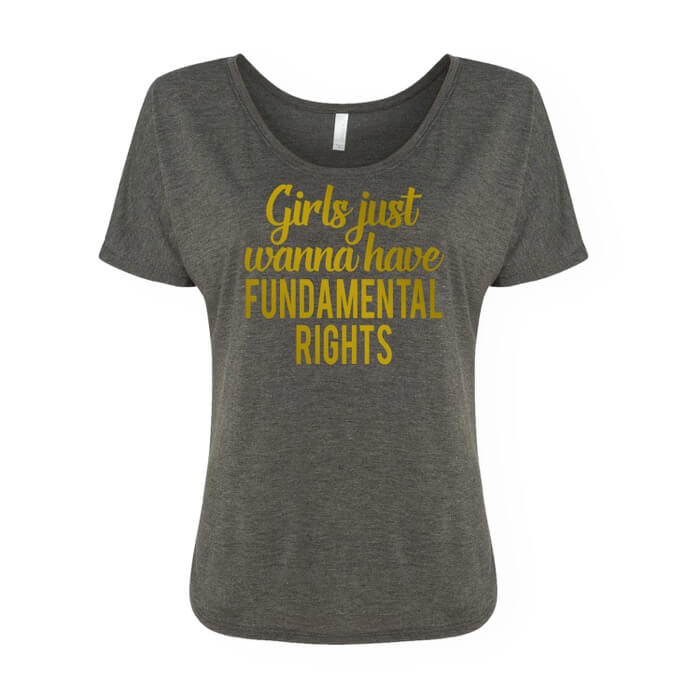 "gold girls just wanna have fun-damental rights design on the front of a black heather women's slouchy shirt"