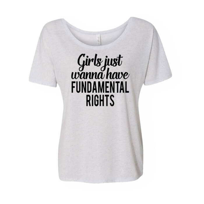 "black girls just wanna have fun-damental rights design on the front of a white fleck women's slouchy shirt"