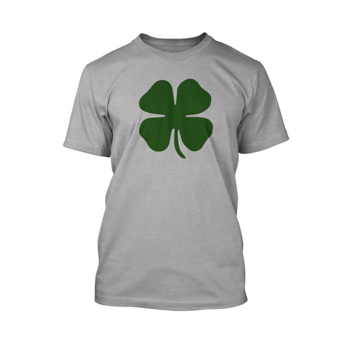 "green clover on the front of an athletic heather crew neck unisex t-shirt"