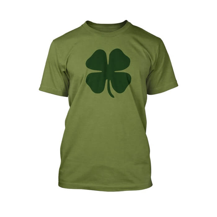 "green clover on the front of a heather green crew neck unisex t-shirt"