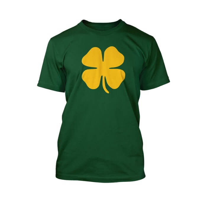"yellow clover on the front of a kelly green crew neck unisex t-shirt"