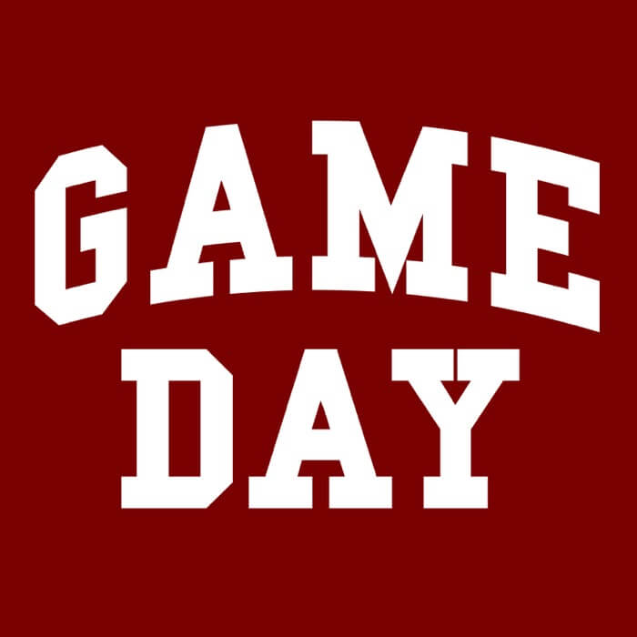 "white game day text graphic on a red image"