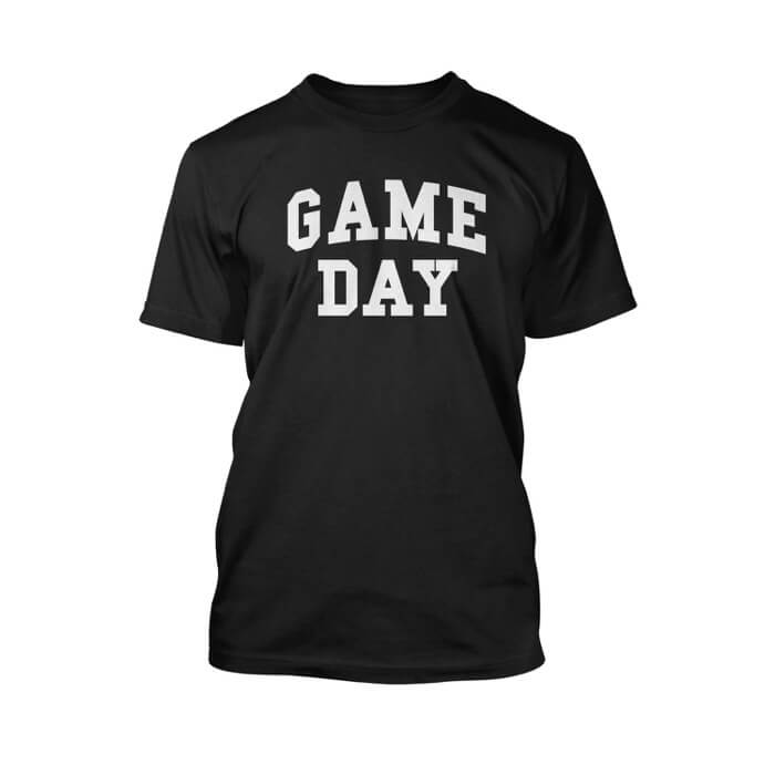 "white game day text graphic on the front of a black crewneck unisex shirt"