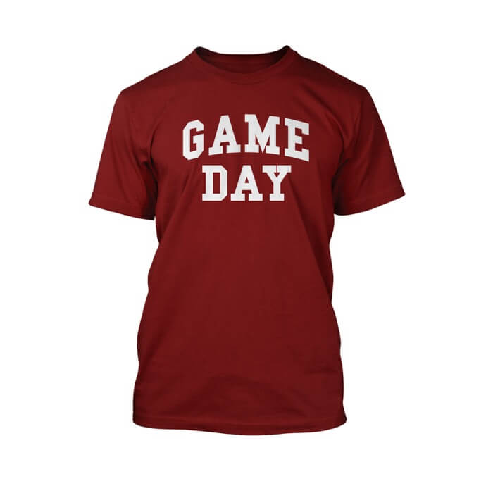 "white game day text graphic on the front of a red crewneck unisex shirt"