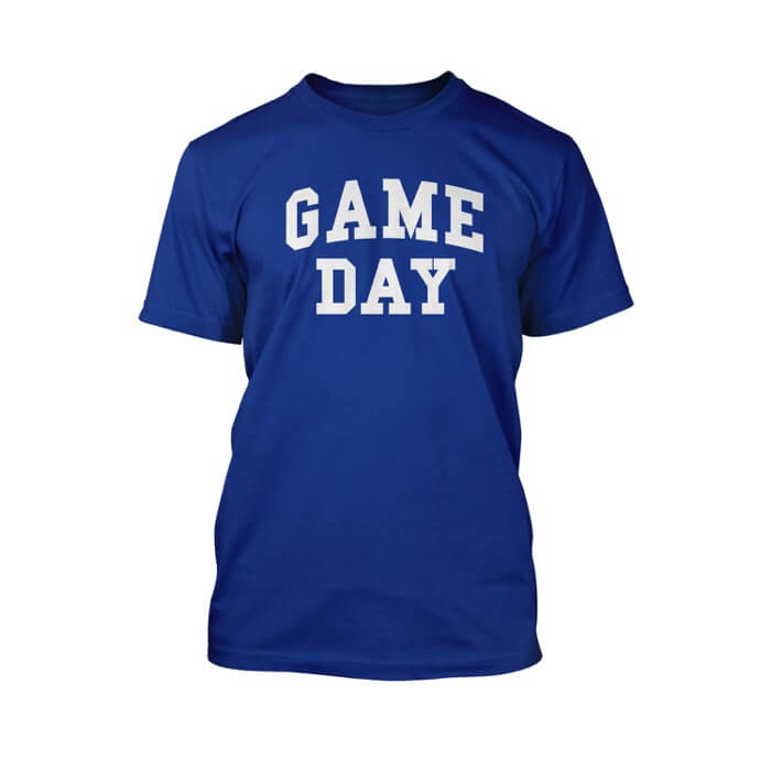 "white game day text graphic on the front of a true royal crewneck unisex shirt"