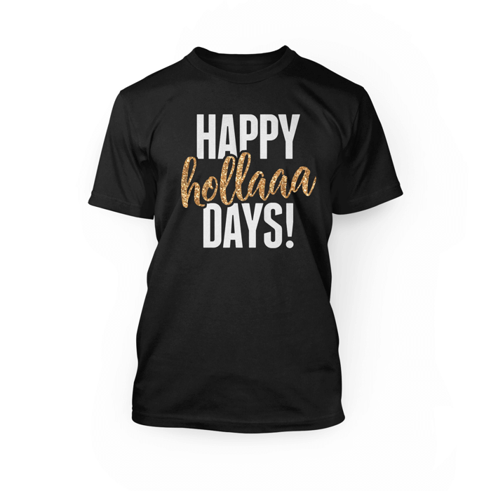 "white and gold glitter happy holladays design on the front of a black crewneck unisex t-shirt"