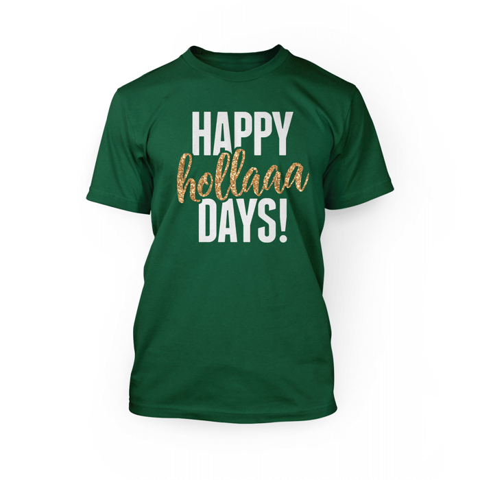 "white and gold glitter happy holladays design on the front of a evergreen crewneck unisex t-shirt"
