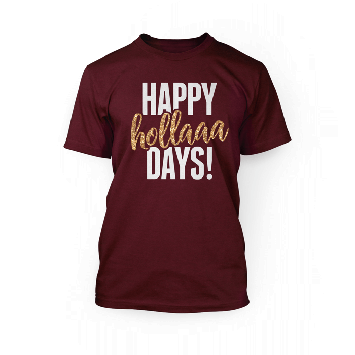 "white and gold glitter happy holladays design on the front of a heather cardninal crewneck unisex t-shirt"