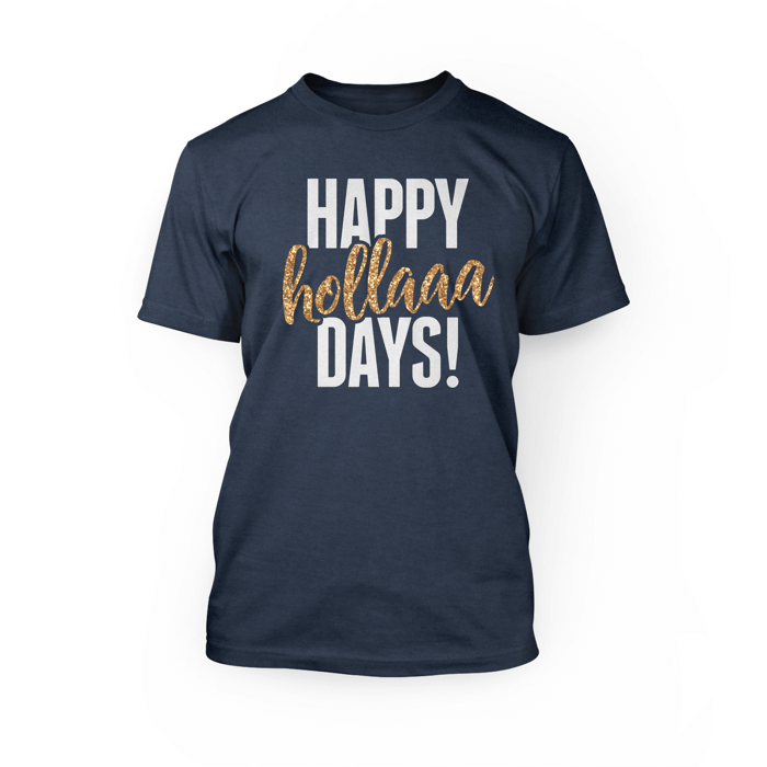 "white and gold glitter happy holladays design on the front of a heather navy crewneck unisex t-shirt"