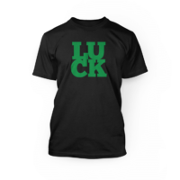 "green luck word on the front of a black unisex t-shirt"