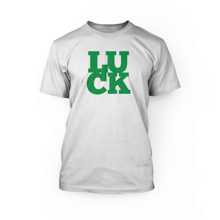 "green luck word on the front of a White unisex t-shirt"