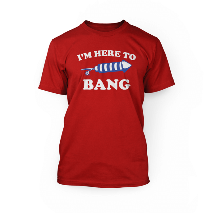 I'm here to bang white text with a firework graphic printed on the front of a red crewneck unisex t-shirt