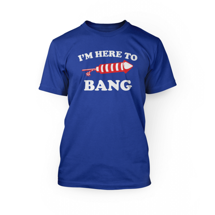 I'm here to bang white text with a firework graphic printed on the front of a royal crewneck unisex t-shirt
