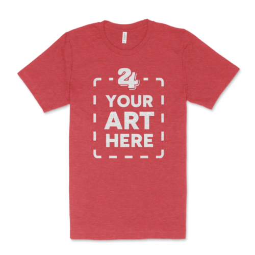 red soft cotton heather t-shirt laying flat with a white "your art here" graphic printed on the front