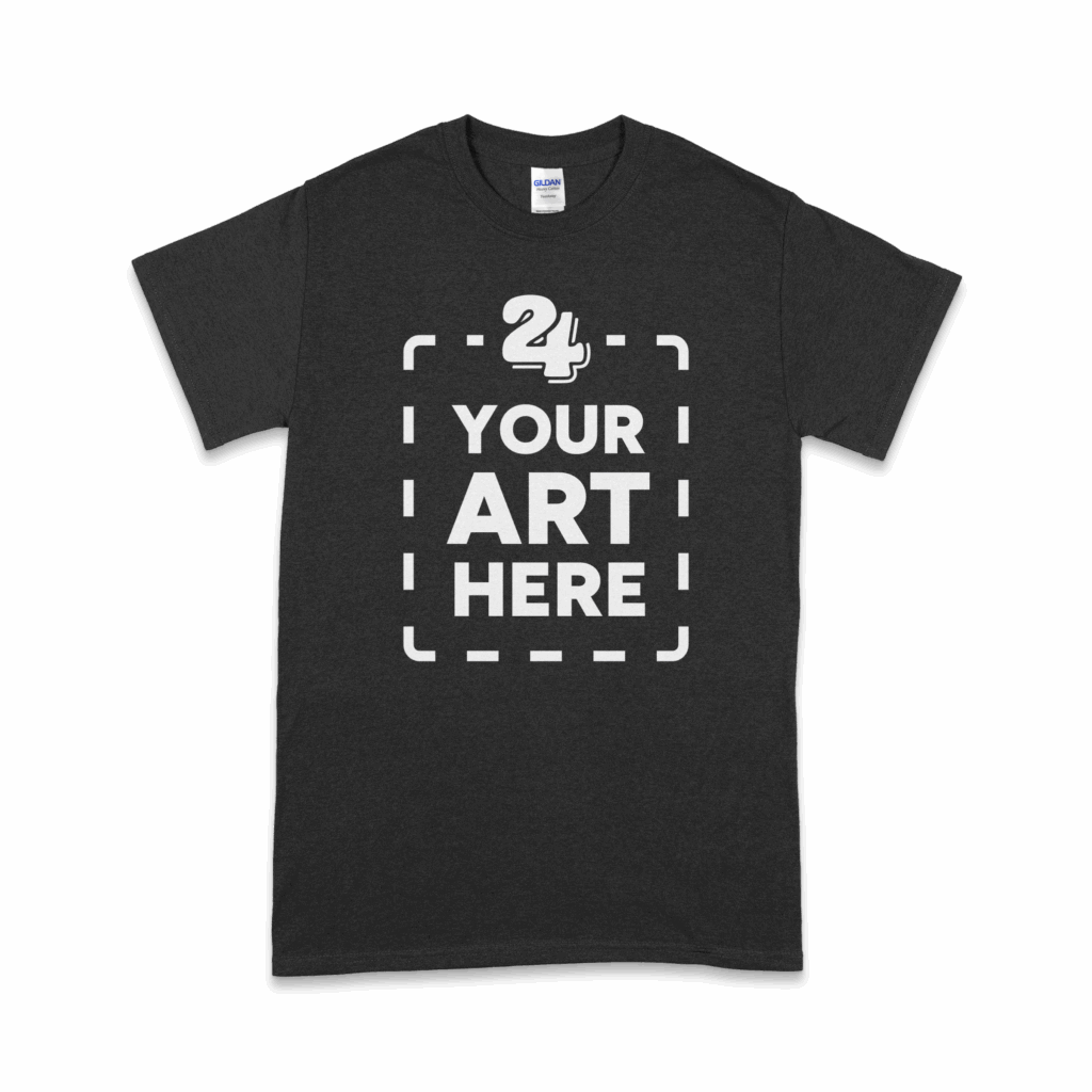 black heavy cotton t-shirt used for super rush printing with a "your art here" white graphic printed on the front