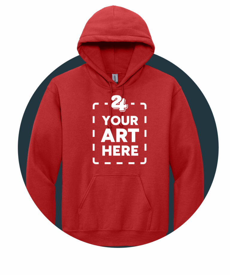 red custom printed hoodie with "your art here" printed in white centered on the front of the hoodie