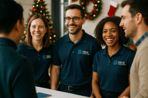 Tech teams wearing event polos for holiday expos chatting casually with other event attendees