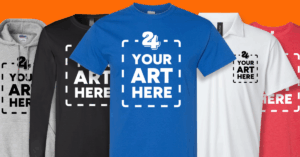 crazy fast custom shirts, hoodies, polos, and long sleeves with a custom "your art here" screenprinting graphic in white ink