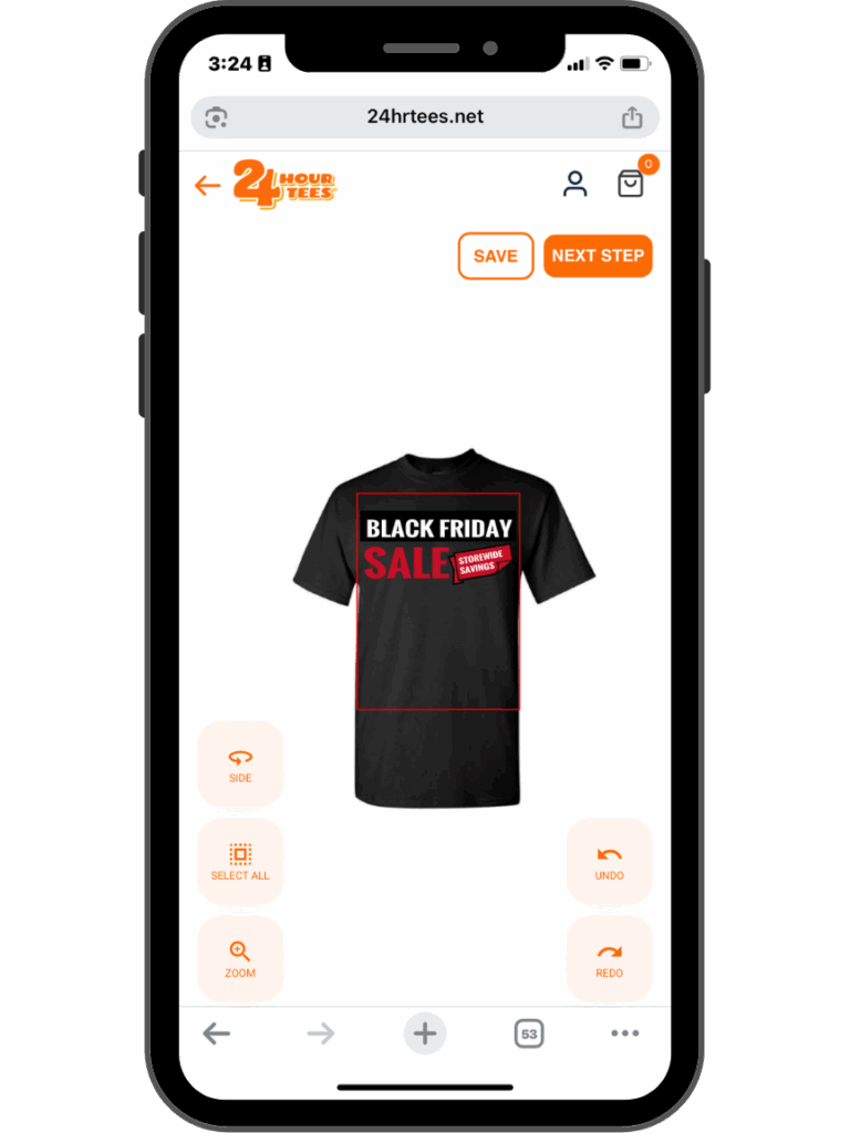 custom shirts for black friday ready to be customized on our online designer tool in a mobile device