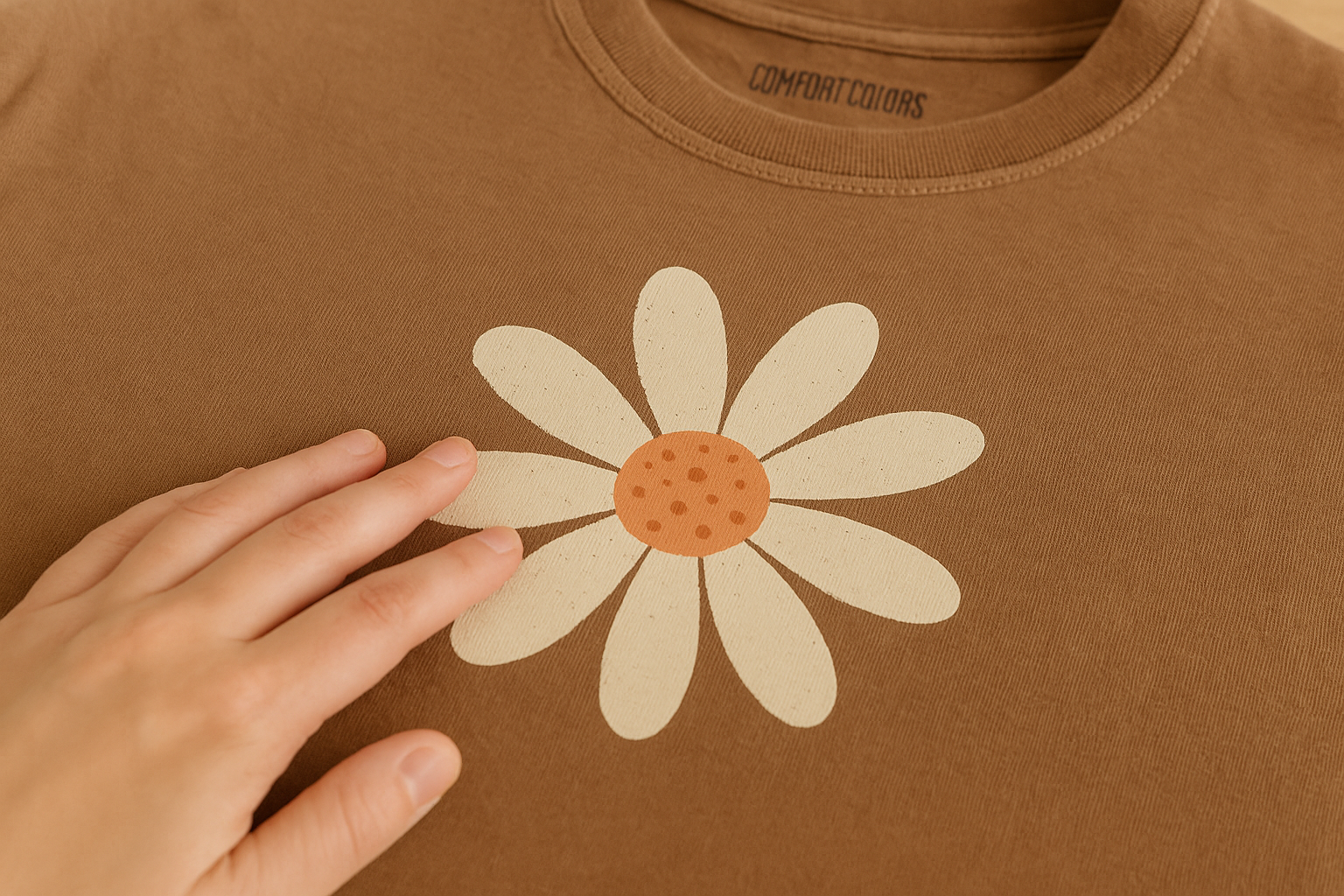 close-up image of person feeling the softness of a garment-dyed screenprinted item with a flower graphic on the front