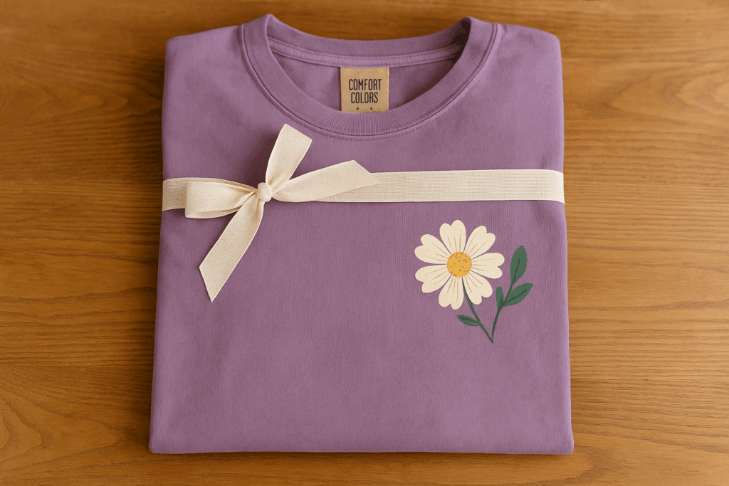 garment-dyed apparel printed with a flower designed and wrapped in a ribbon as the perfect holiday gift