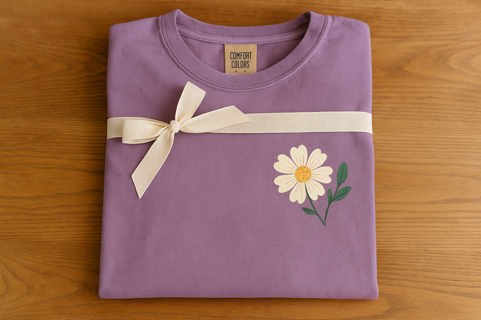 garment-dyed apparel printed with a flower designed and wrapped in a ribbon as the perfect holiday gift