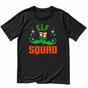 elf squad christmas desig printed on a black gildan shirt