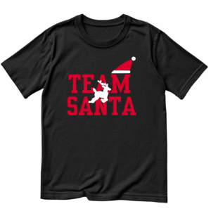 Black "Team Santa" christmas design printed on a black gildan unisex shirt