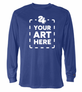 mockup of a custom performance long sleeve t-shirt in royal, printed with a custom "your art here" graphic in white on the front