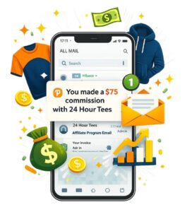 mobile device showing a new commission notification from the 24 hour tees affiliate program