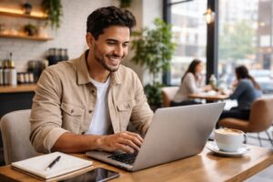 blogger and content creating working at a local coffee shop